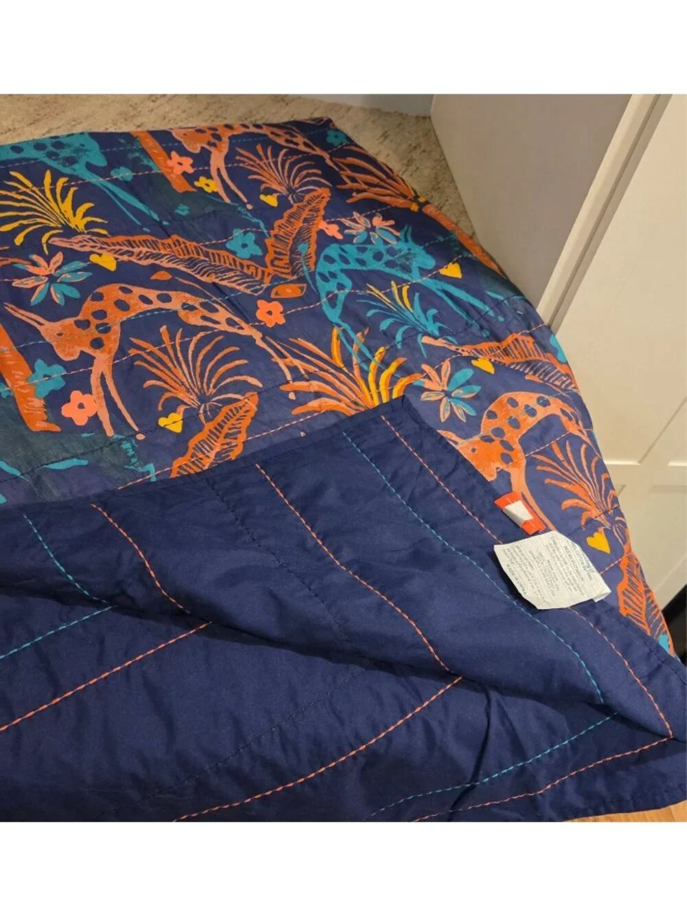 Opalhouse Jungalo 69x80 Quilt & Pillow Blue Rabbit Leaves Stitching